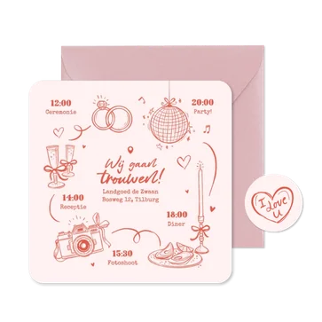 Trouwkaart roze doodle tijdlijn romantisch illustraties